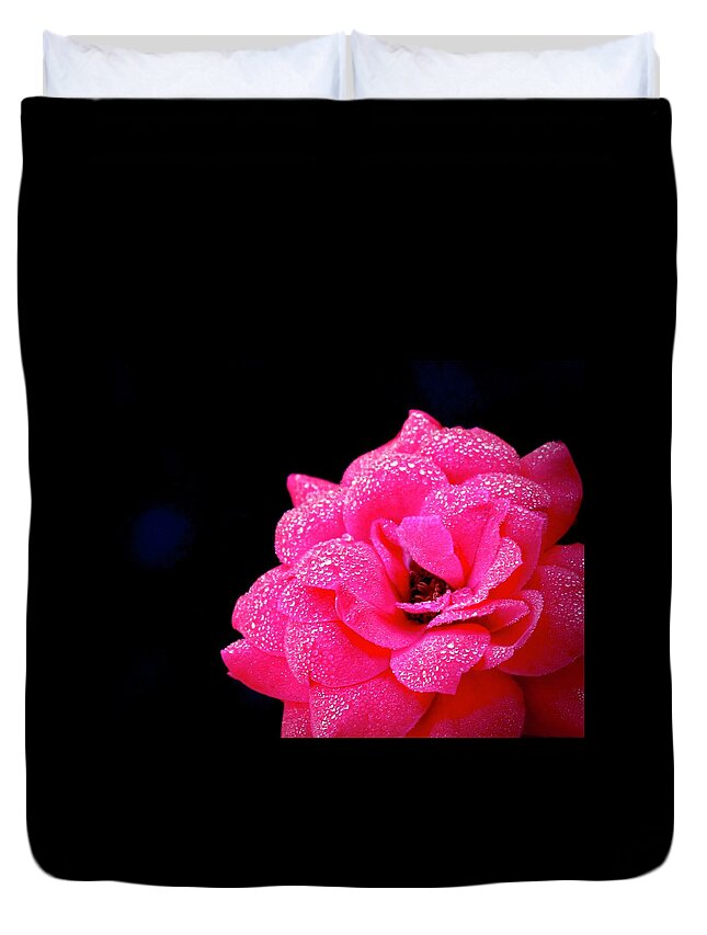 Rose Duvet Cover featuring the photograph Dew Beaded Rose by Joy Buckels