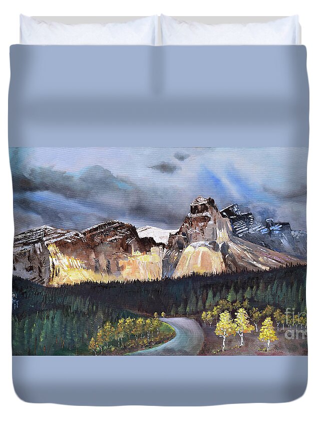 Canadian Rocky Mountains Duvet Cover featuring the painting Peace in the Storm - Canadian Rockies - Alberta by Jan Dappen