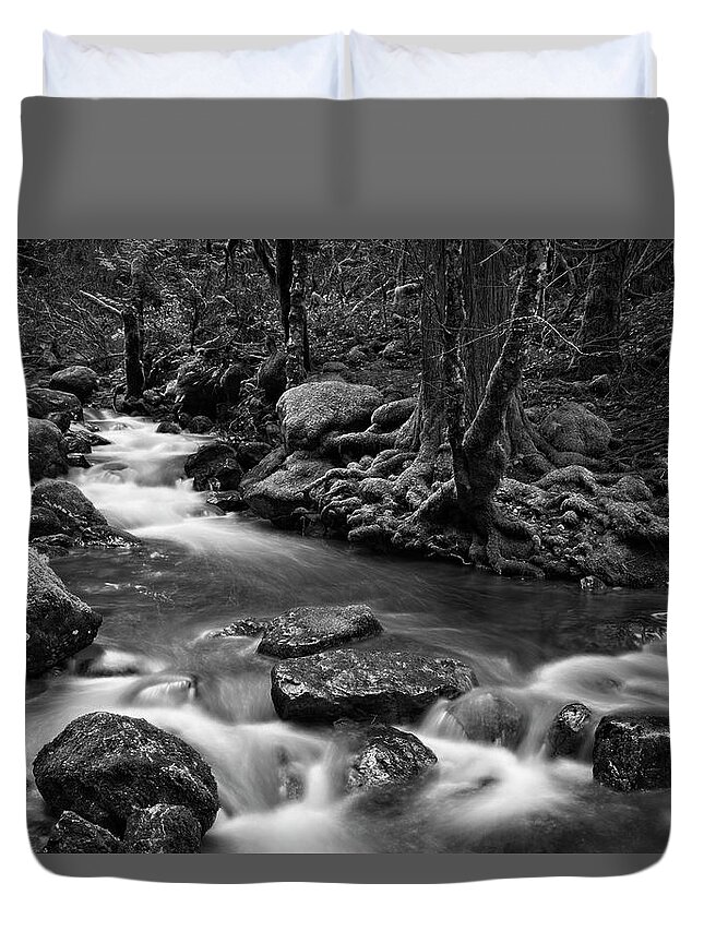 Landscape Duvet Cover featuring the photograph Peaceful Flow Black and White by Allan Van Gasbeck