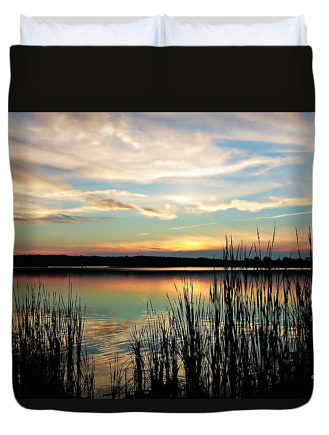 Lake Sunset Duvet Cover featuring the photograph Peaceful Sunset by Mary Walchuck