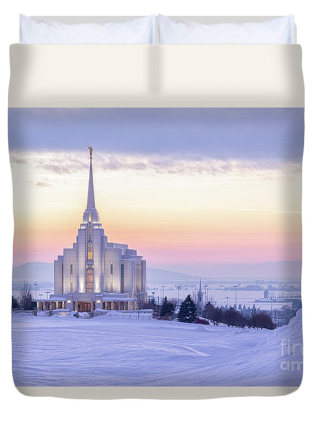 Rexburg Duvet Cover featuring the photograph Peaceful Winter Sunset - Rexburg Idaho Temple by Bret Barton