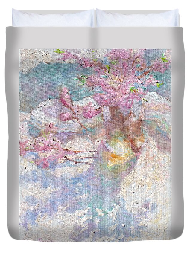 French Impressionism Duvet Cover featuring the painting Peach Blossoms by Srishti Wilhelm