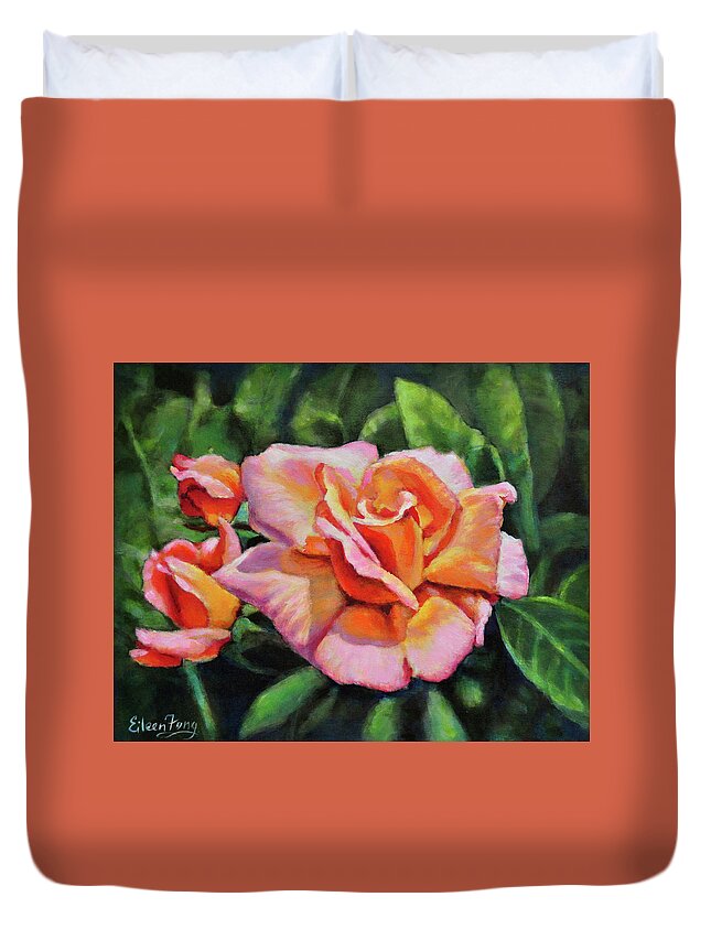 Rose Duvet Cover featuring the painting Peach Rose Glows by Eileen Fong