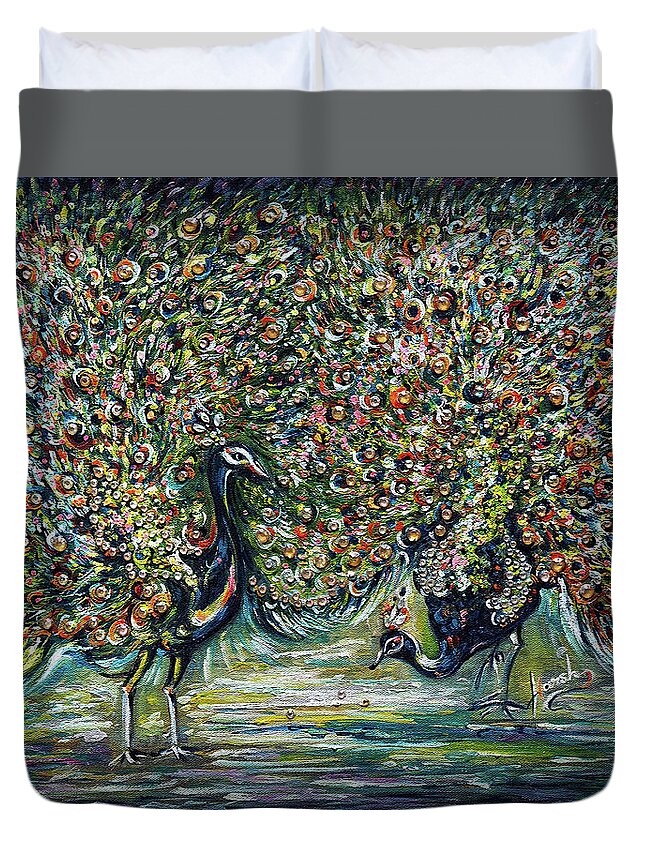 Peacock Duvet Cover featuring the painting Peacocks - impressionist by Harsh Malik