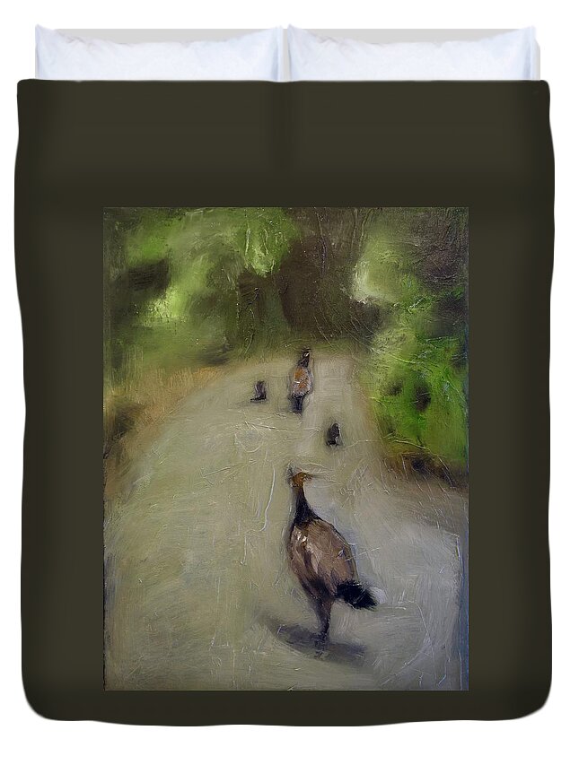 Oil Painting Duvet Cover featuring the painting Peahens on parade by Suzy Norris