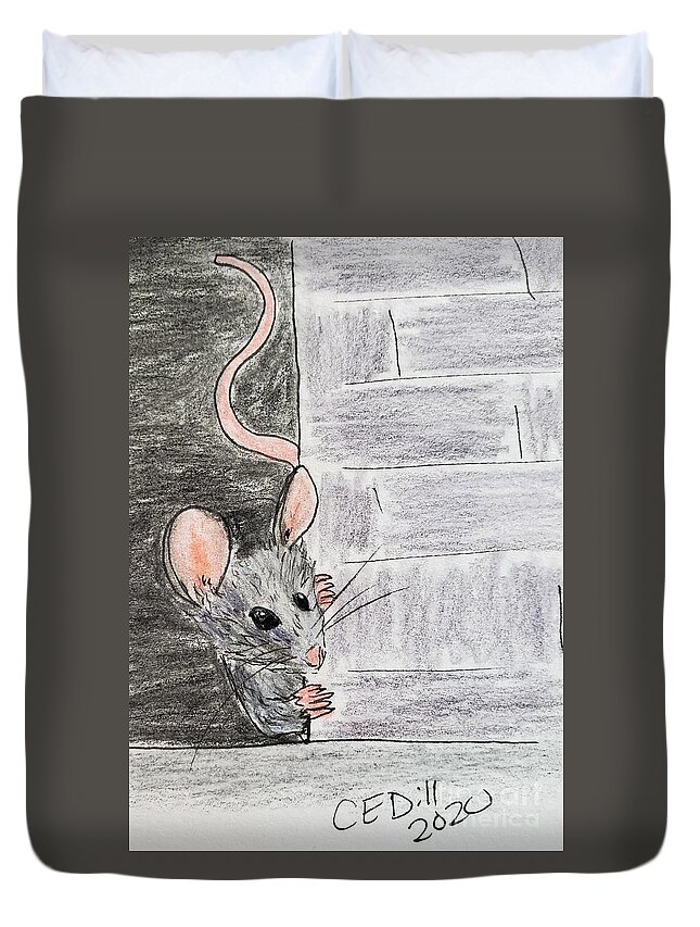 Mouse Duvet Cover featuring the painting Peeking Mouse by C E Dill
