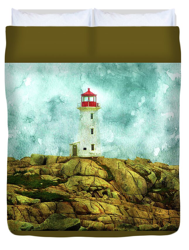 Peggy's Cove Lighthouse Duvet Cover featuring the digital art Peggy's Cove Lighthouse by Pheasant Run Gallery