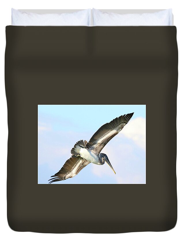 Pelicans Duvet Cover featuring the photograph Pelican in Flight 9 by Mingming Jiang