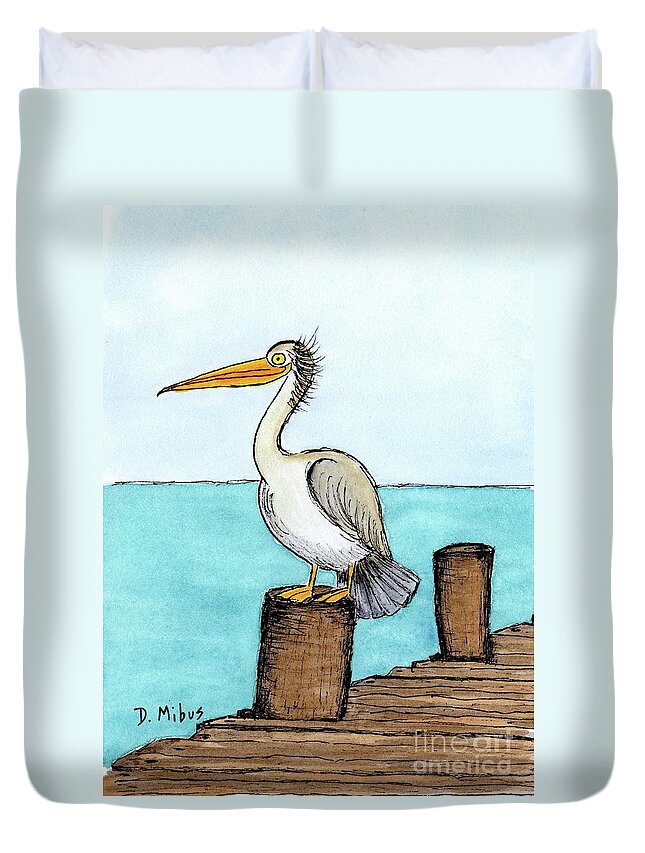 Coastal Bird Duvet Cover featuring the painting Pelican Perched on Pier by Donna Mibus