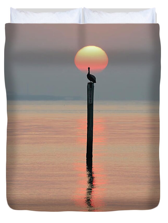 Sunrise Duvet Cover featuring the photograph Pelican Sunrise by JASawyer Imaging