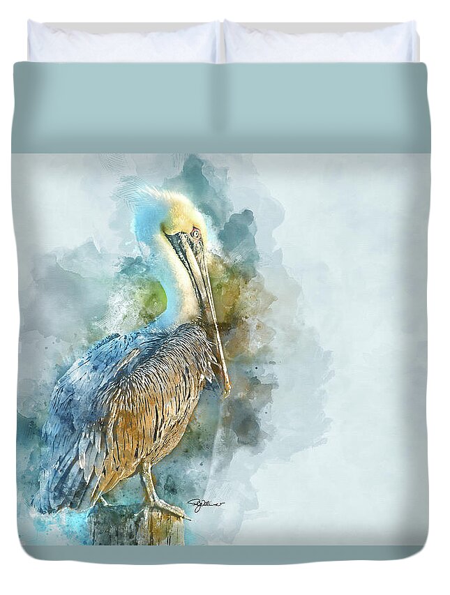 Pelican Duvet Cover featuring the mixed media Pelican Watercolor by Pamela Williams