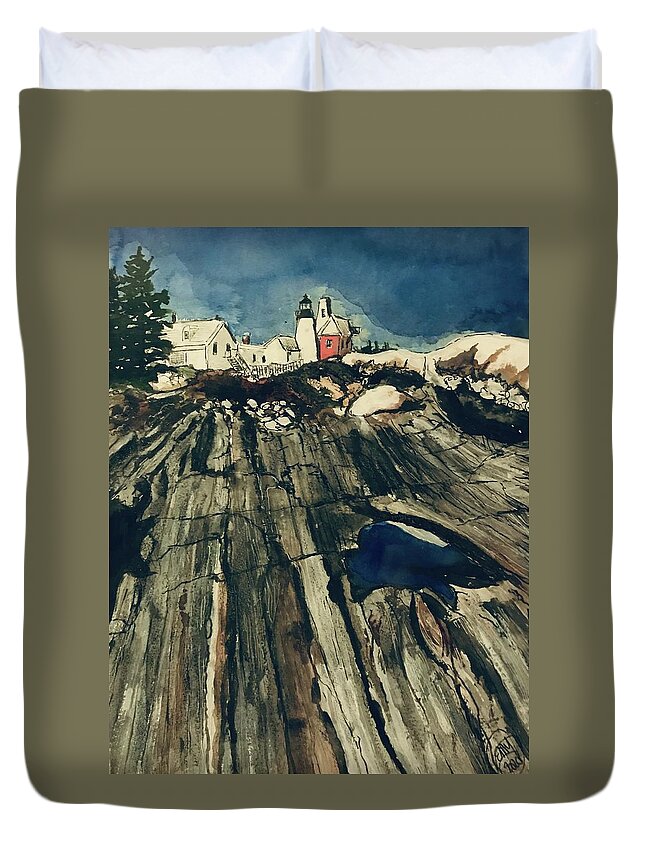 Lighthouse Duvet Cover featuring the painting Pemaquid Point Lighthouse by Eileen Backman