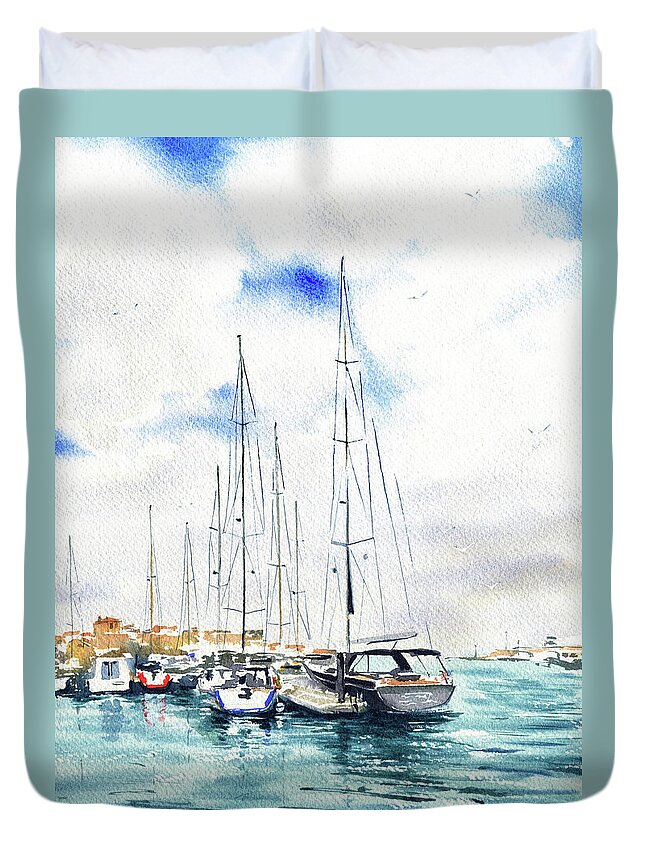 Portugal Duvet Cover featuring the painting Peniche Marina Da Ribeira Portugal Painting by Dora Hathazi Mendes