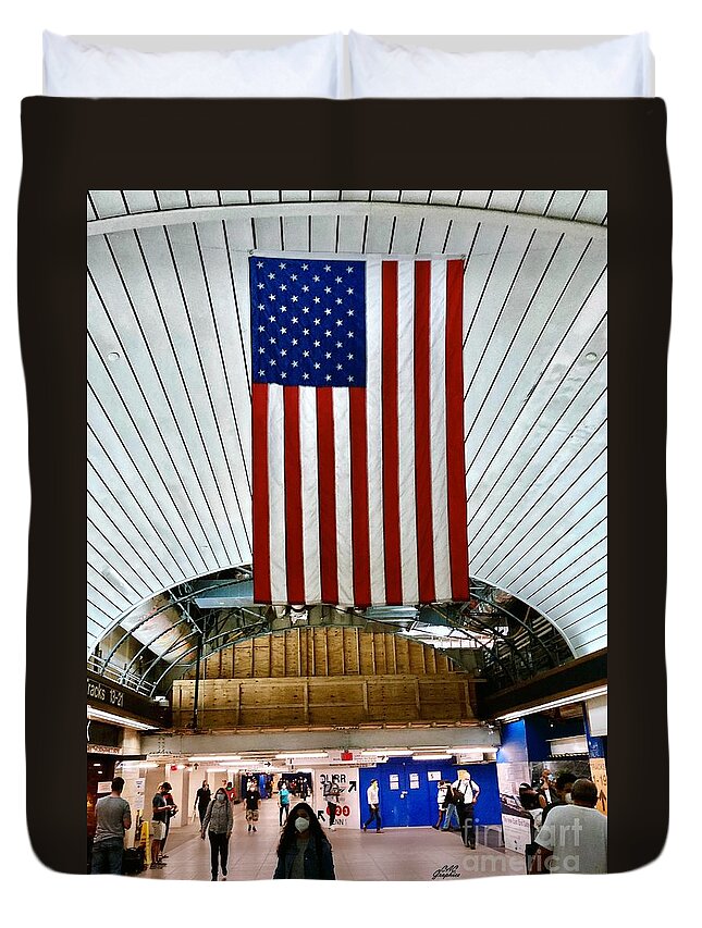 New York City Duvet Cover featuring the photograph Penn Station NYC Flag by CAC Graphics