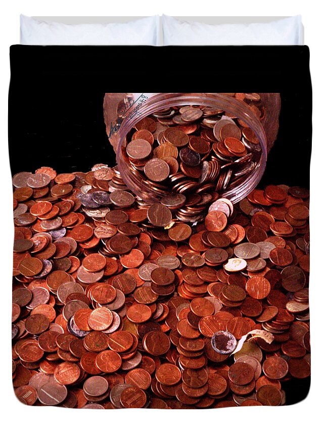 Coin;money;penny;pennies;jar Duvet Cover featuring the digital art Pennies by Leon deVose