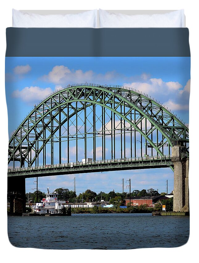 Tugboat Duvet Cover featuring the photograph Penrose Tug Floating Below the Tacony-Palmyra Bridge on the Delaware River by Linda Stern
