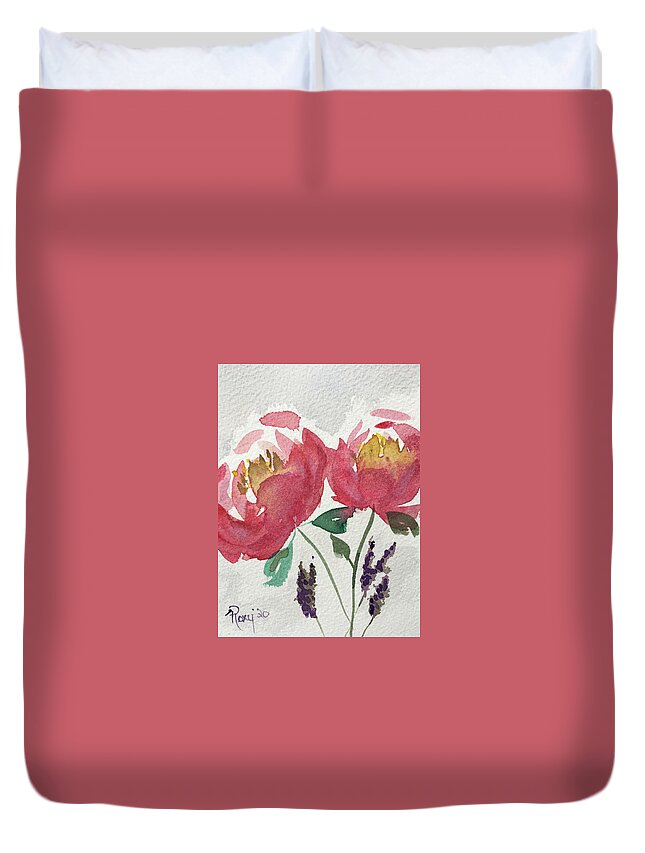 Peony Duvet Cover featuring the painting Peonies and Lavender by Roxy Rich
