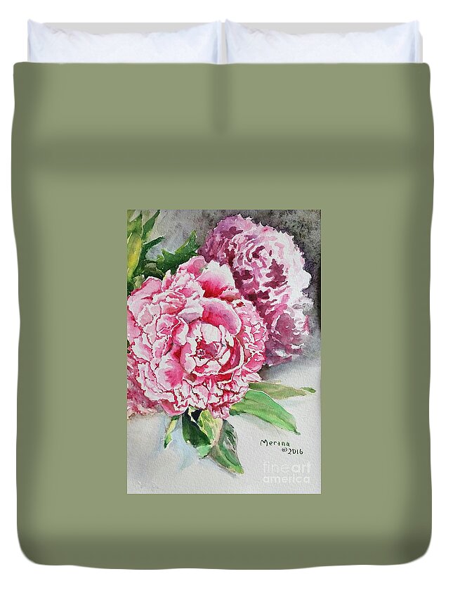 Peonies Duvet Cover featuring the painting Peonies by Merana Cadorette