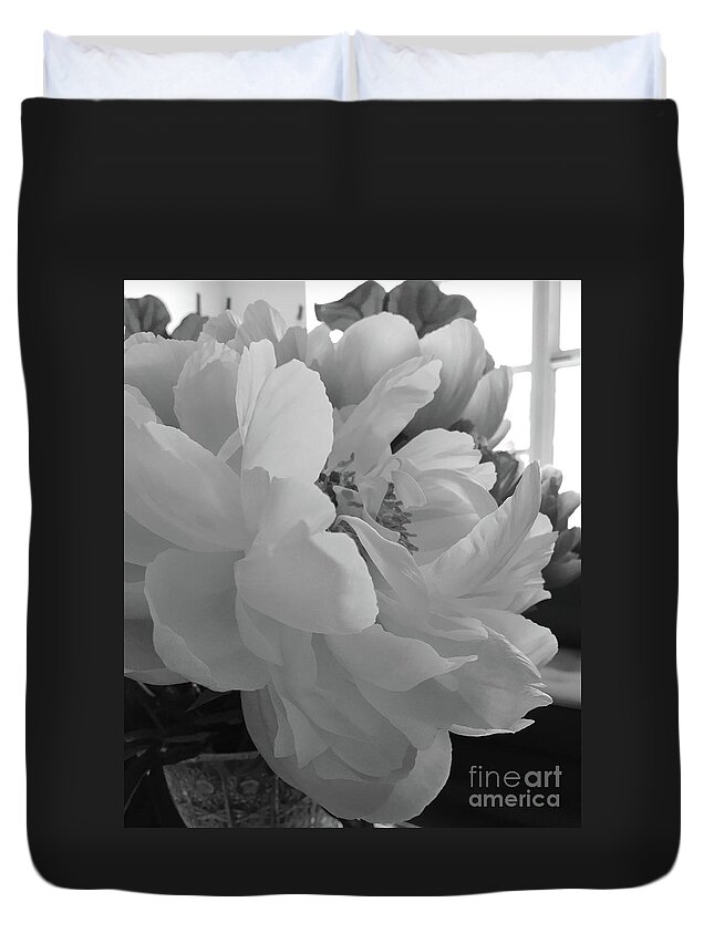 Black And White Duvet Cover featuring the photograph Peonies Series B and W 1-1 by J Doyne Miller