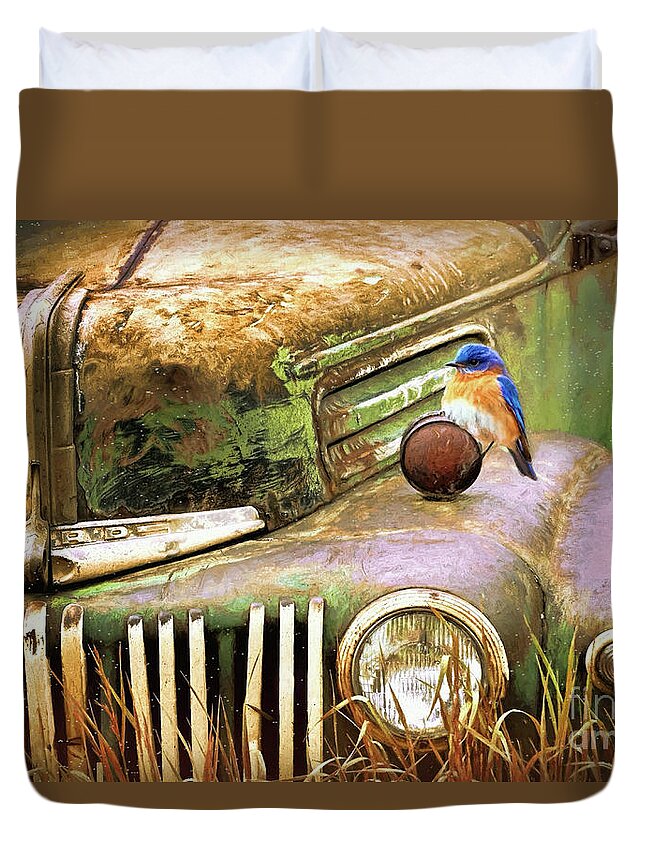  Ford Truck Duvet Cover featuring the painting Perched On The Old Ford by Tina LeCour