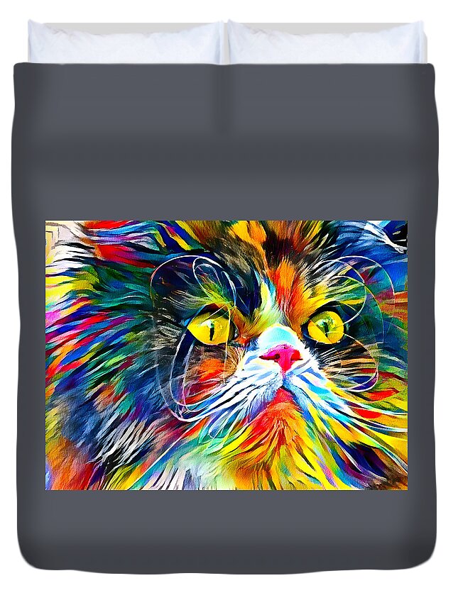 Persian Cat Duvet Cover featuring the digital art Persian cat with long whiskers close-up - colorful zebra pattern painting by Nicko Prints