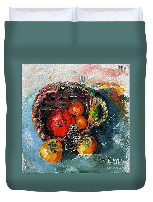 Pomegranate Duvet Cover featuring the painting Persimmons and Pomegranates in Mothers Basket by Jan Dappen