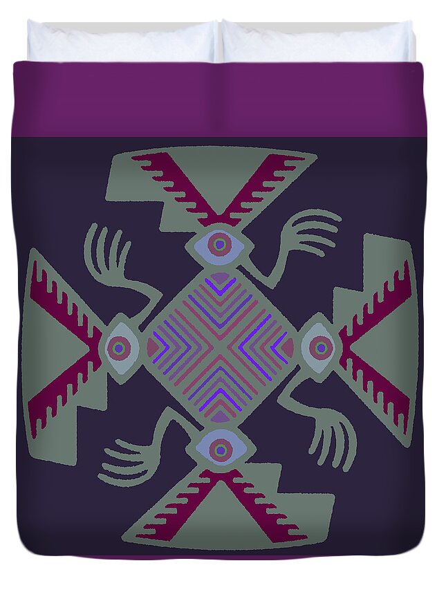 Inca Spirits Duvet Cover featuring the digital art Peruvian Inca Pajaro Spirit - Purple Light Green Red by Vagabond Folk Art - Virginia Vivier