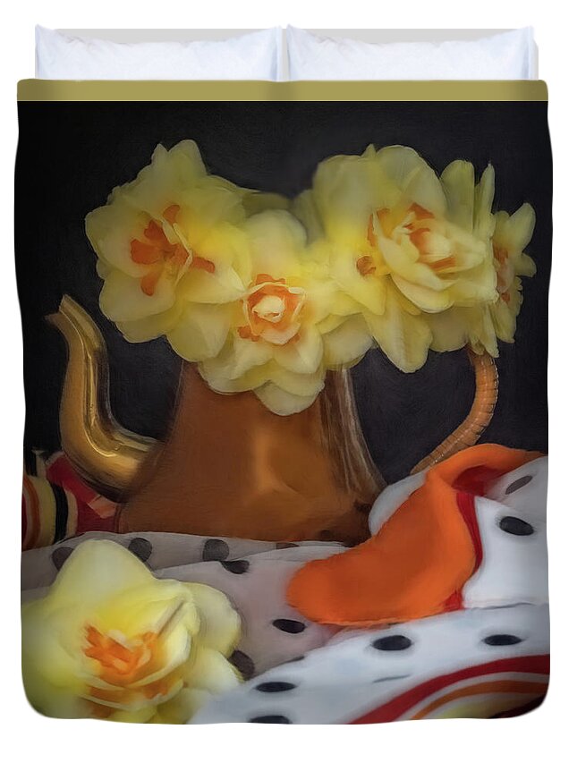 Yellow Daffodils Duvet Cover featuring the photograph Petals and Lace by Sylvia Goldkranz