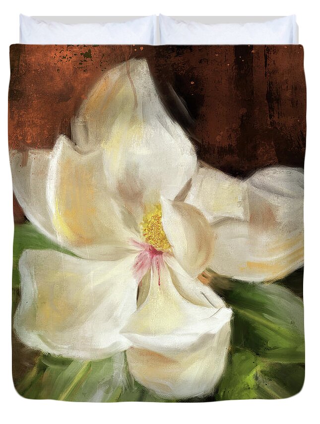 Flower Duvet Cover featuring the painting Petals of Light Magnolia Flower by Jai Johnson