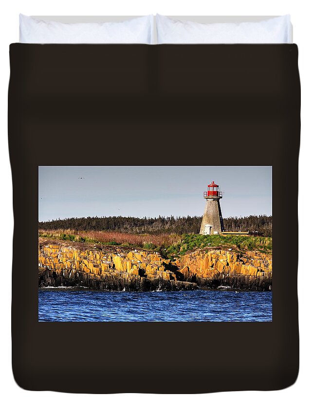Light House Island Peters Island Gulls Rocks Sea Ocean Nova Scotia Duvet Cover featuring the photograph Peters Light House by David Matthews