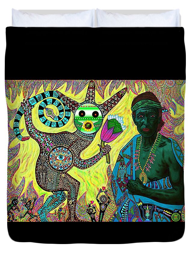 Peyote Duvet Cover featuring the mixed media Peyote Healing by Myztico Campo