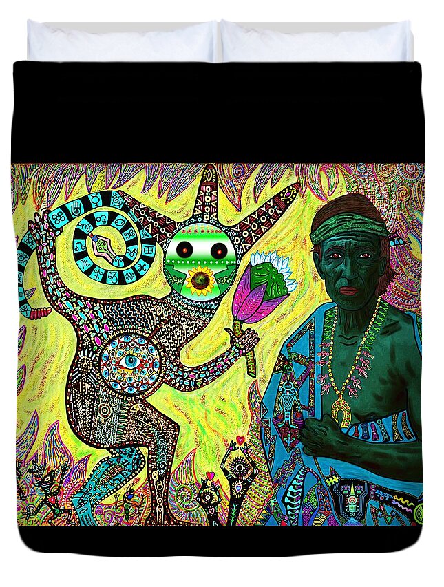 Peyote Duvet Cover featuring the mixed media Peyote Healing by Myztico Campo