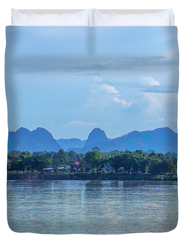 Scenic Duvet Cover featuring the photograph Phanom Naga Park Mekong River and Mountains in Laos DTHNP0312 by Gerry Gantt