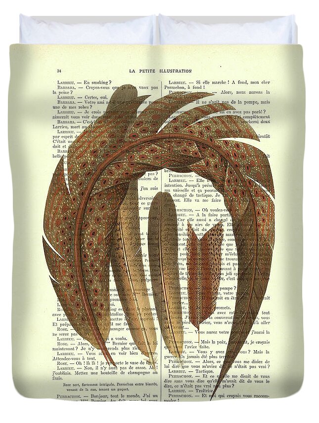 Pheasant Duvet Cover featuring the mixed media Pheasant feathers on antique book page by Madame Memento