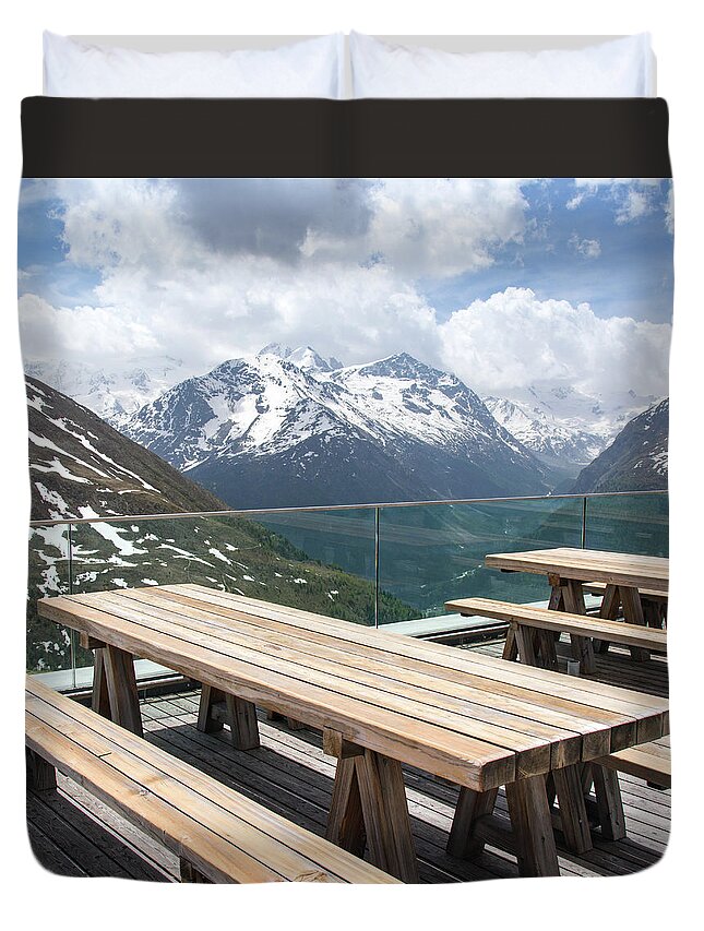 Swiss Alps Duvet Cover featuring the photograph Picnic Table in the Swiss Alps by Matthew DeGrushe