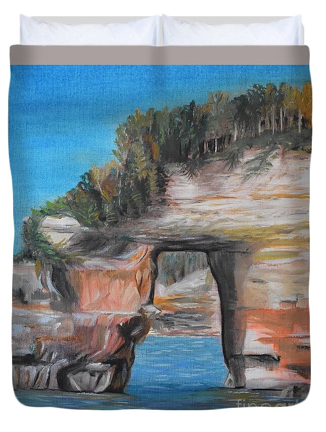 Michigan Duvet Cover featuring the painting Pictured Rocks by Monika Shepherdson