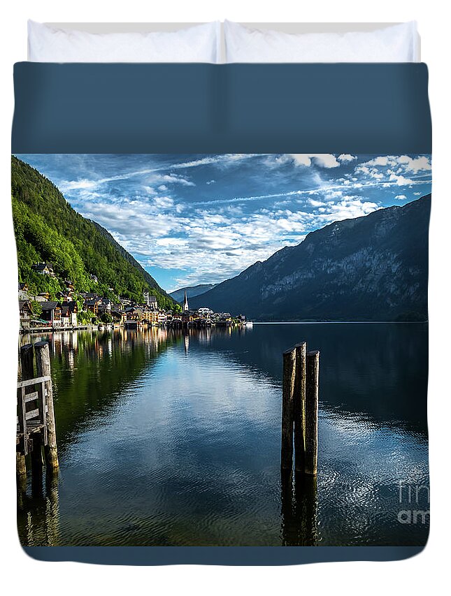 Austria Duvet Cover featuring the photograph Picturesque Lakeside Town Hallstatt At Lake Hallstaetter See In Austria by Andreas Berthold