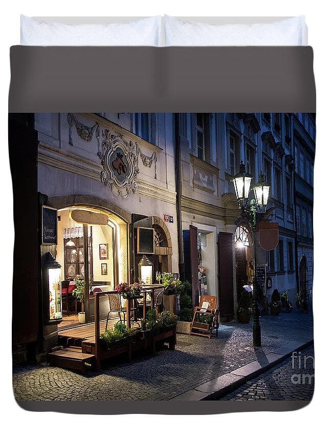 Architecture Duvet Cover featuring the photograph Picturesque Restaurant In The Streets Of Prague In The Czech Republic by Andreas Berthold