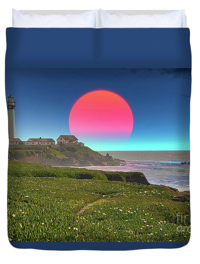 Pigeon Point Lighthouse Duvet Cover featuring the photograph Pigeon Point Lighthouse Moon Glow by Chuck Kuhn