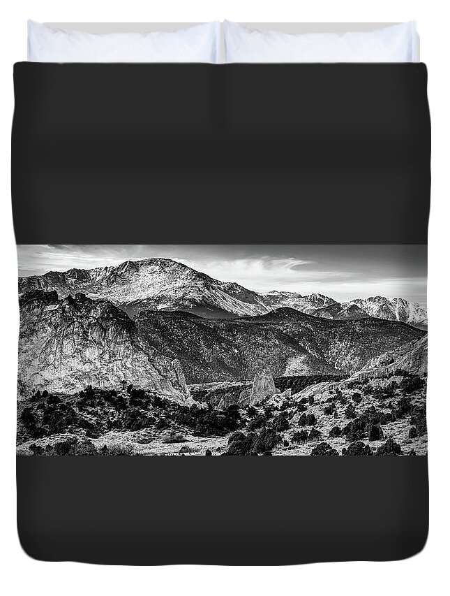 Colorado Prints Duvet Cover featuring the photograph Pikes Peak Mountain Landscape Panorama - Colorado Springs Monochrome by Gregory Ballos