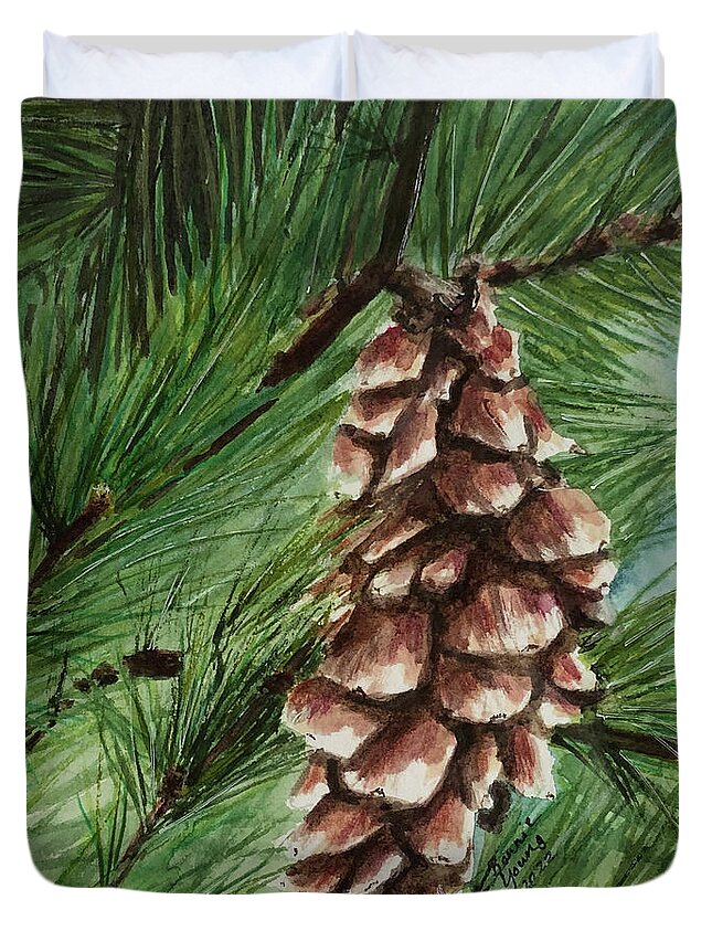 Pine Duvet Cover featuring the painting Pine Cone by Bonnie Young