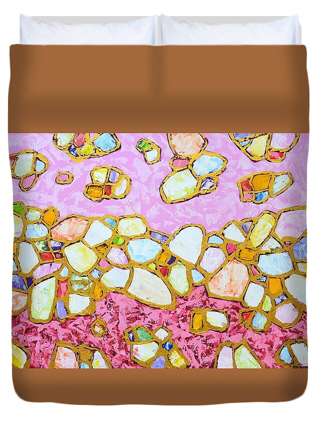 Stones Duvet Cover featuring the painting Pink and gold 2 by Iryna Kastsova