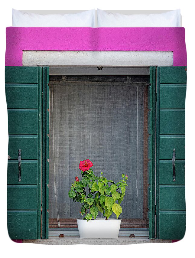 Burano Duvet Cover featuring the photograph Pink and Green Burano Window by David Downs