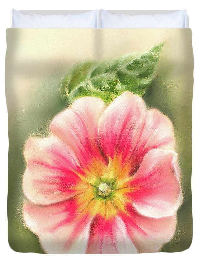 Botanical Duvet Cover featuring the painting Pink and Red Primrose with Leaf by MM Anderson