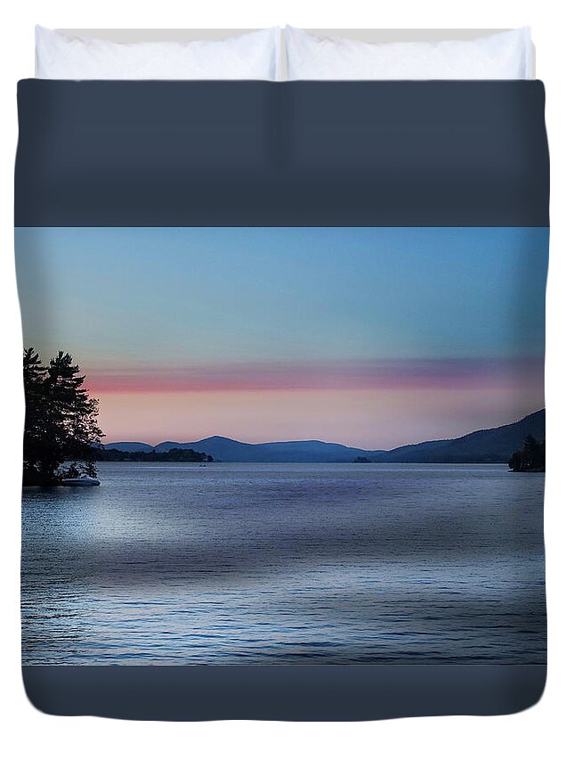 Sun Duvet Cover featuring the photograph Pink Clouds and Sunset Over Lake by Russ Considine