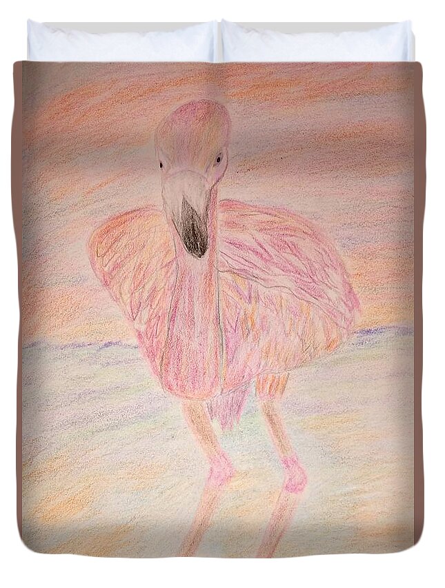 Pink Duvet Cover featuring the drawing Pink Flamingo at Sunset by Suzanne Berthier