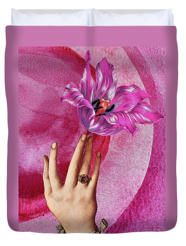 Pink Flower Duvet Cover featuring the mixed media Pink flower at her fingertips by Lorena Cassady