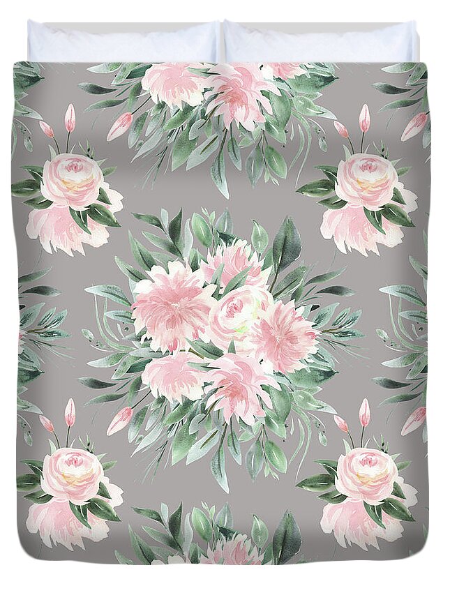 Watercolor Duvet Cover featuring the digital art Pink Flower Bouquets by Sylvia Cook