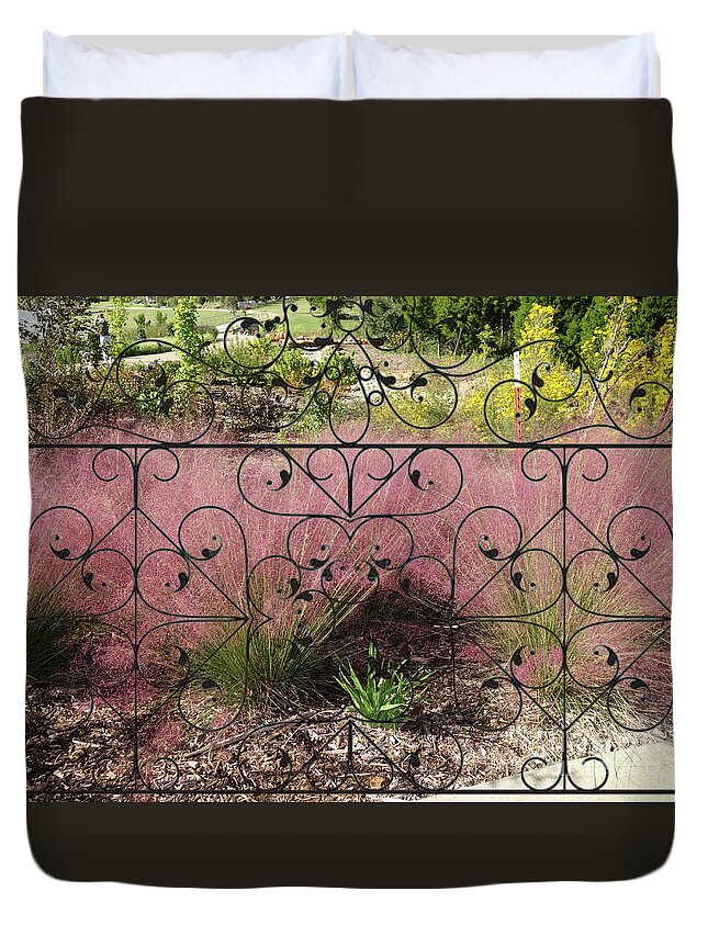 Pink Flowers Wrought Iron Fence Tulsa Botanic Garden Duvet Cover featuring the photograph Pink Flowers Behind the Wrought Iron Fence by Janette Boyd