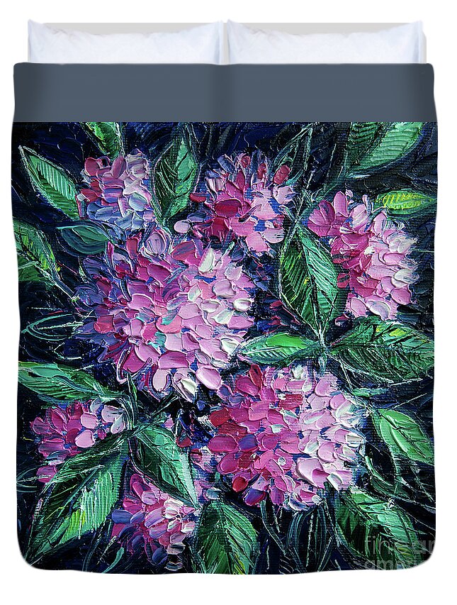 Pink Hydrangeas Duvet Cover featuring the painting PINK HYDRANGEAS commissioned palette knife oil painting Mona Edulesco by Mona Edulesco